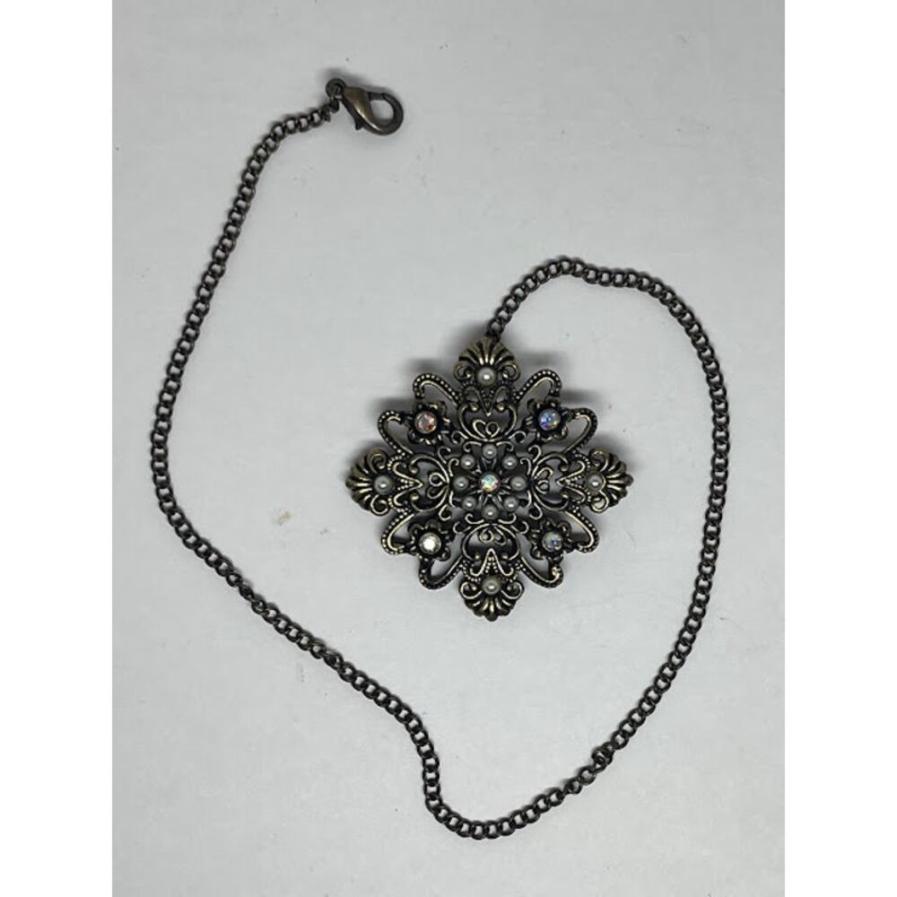 Bronze Filigree Fob Pearl Crystal 11" Chain Lobster Claw Pocket Watch Accessory